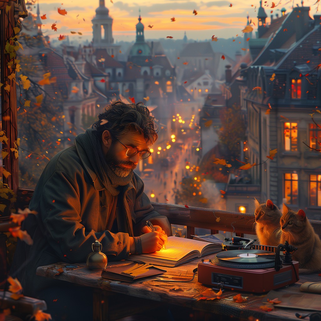 Escritor con café y gatos trabajando al atardecer