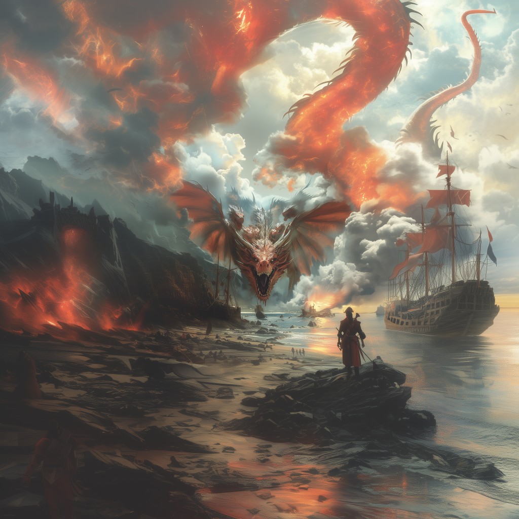 Mar embravecido con barco y dragón en un cielo ardiente