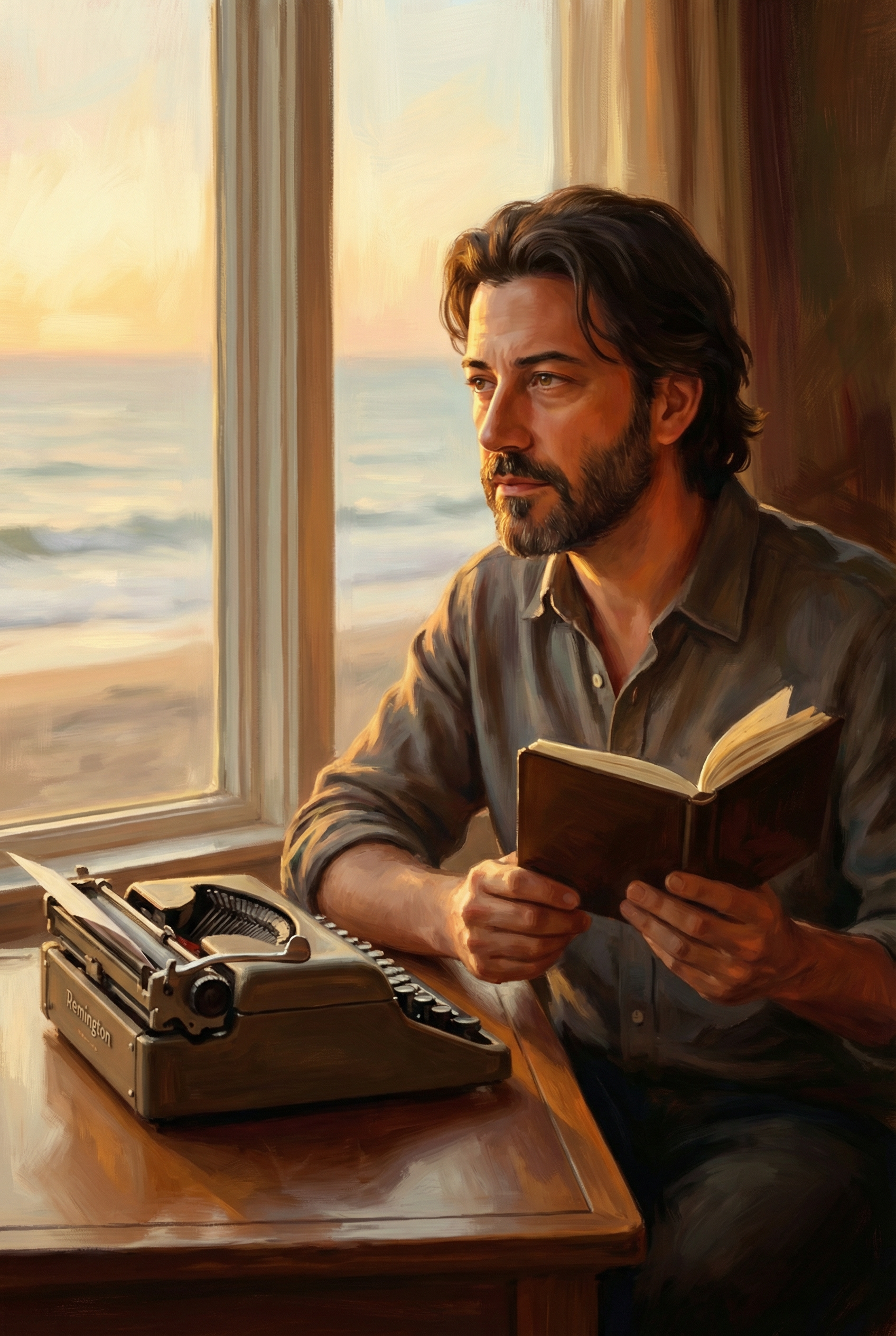 Escritor junto a una ventana al atardecer con máquina de escribir