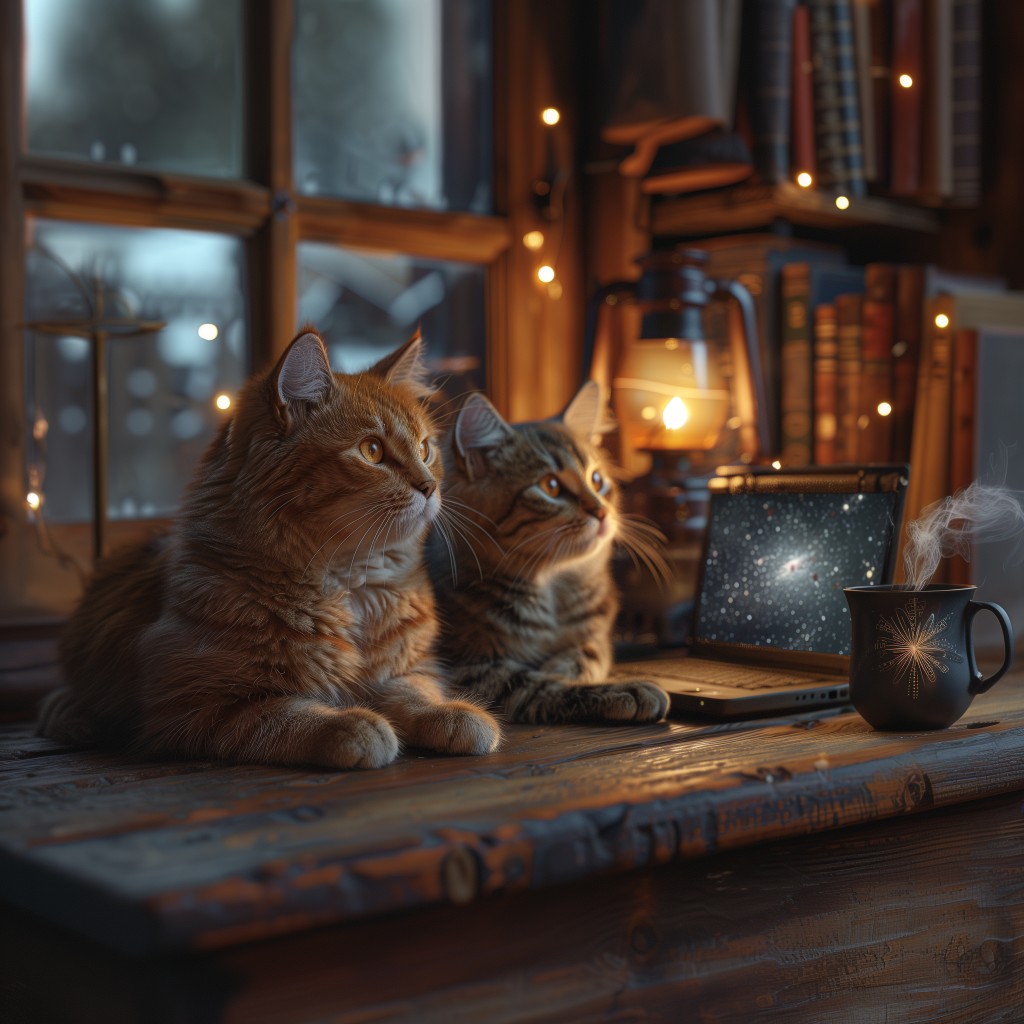 Gatos junto a una laptop y una taza en una mesa de escritor